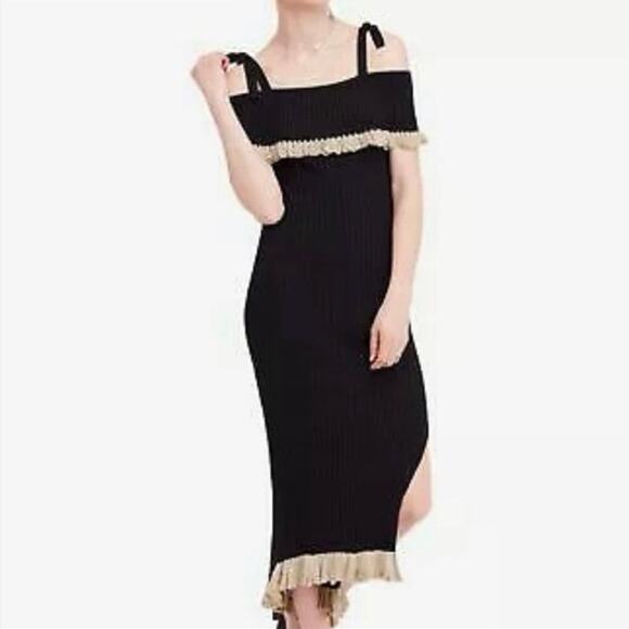FREE PEOPLE Womens Size XS Black Gold Off the Shoulder Ribbed Sweater Midi Dress - Picture 9 of 10